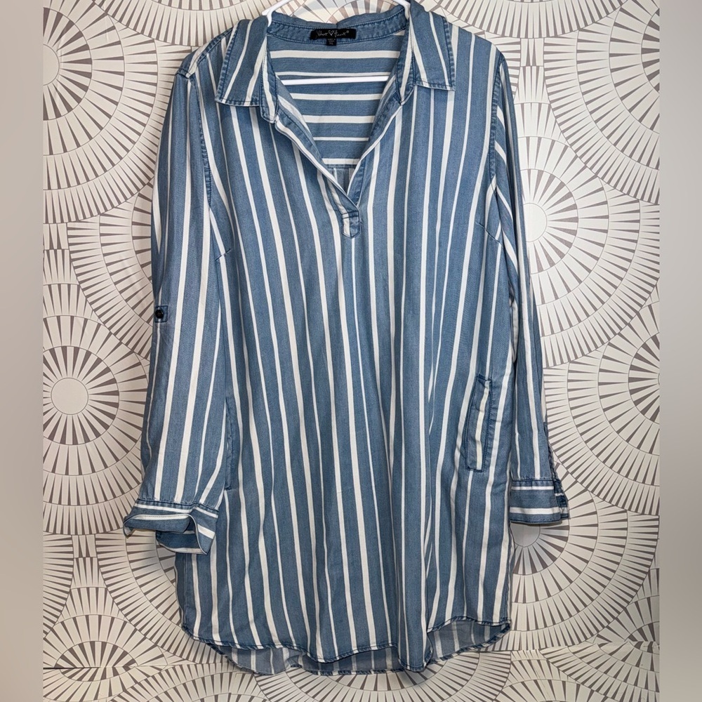 Velvet Heart Blue and White Cuffed Long Sleeve Shirt Dress